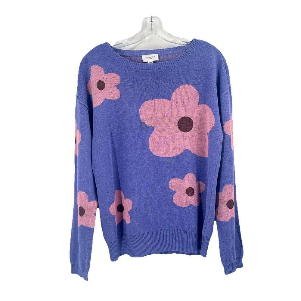 Anniewear Purple Floral Print Crew Neck Sweater Funky Mod Sz Small Artsy